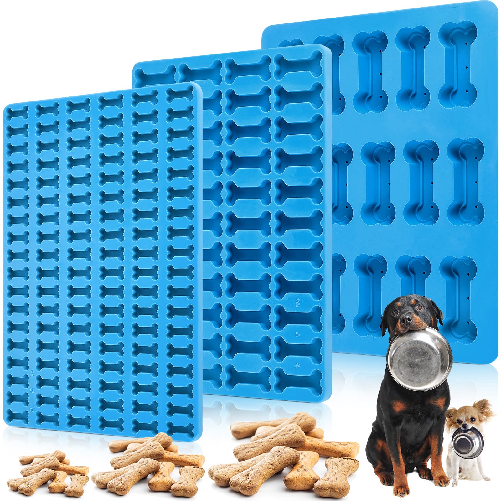 Dog Treat Molds for Baking and Freezing 3 Pcs 15, 44, 108 Cavity Dog Bone Silicone Mold Blue Non Stick Dog Biscuit Molds for Biscuits Pudding Chocolate Cookie Candy, Oven Microwave Freezer Safe