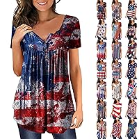 Womens Summer Tops 4Th of July Short Sleeve V Neck T Shirts Flag Graphic Tees Oversized Button Down Blouses