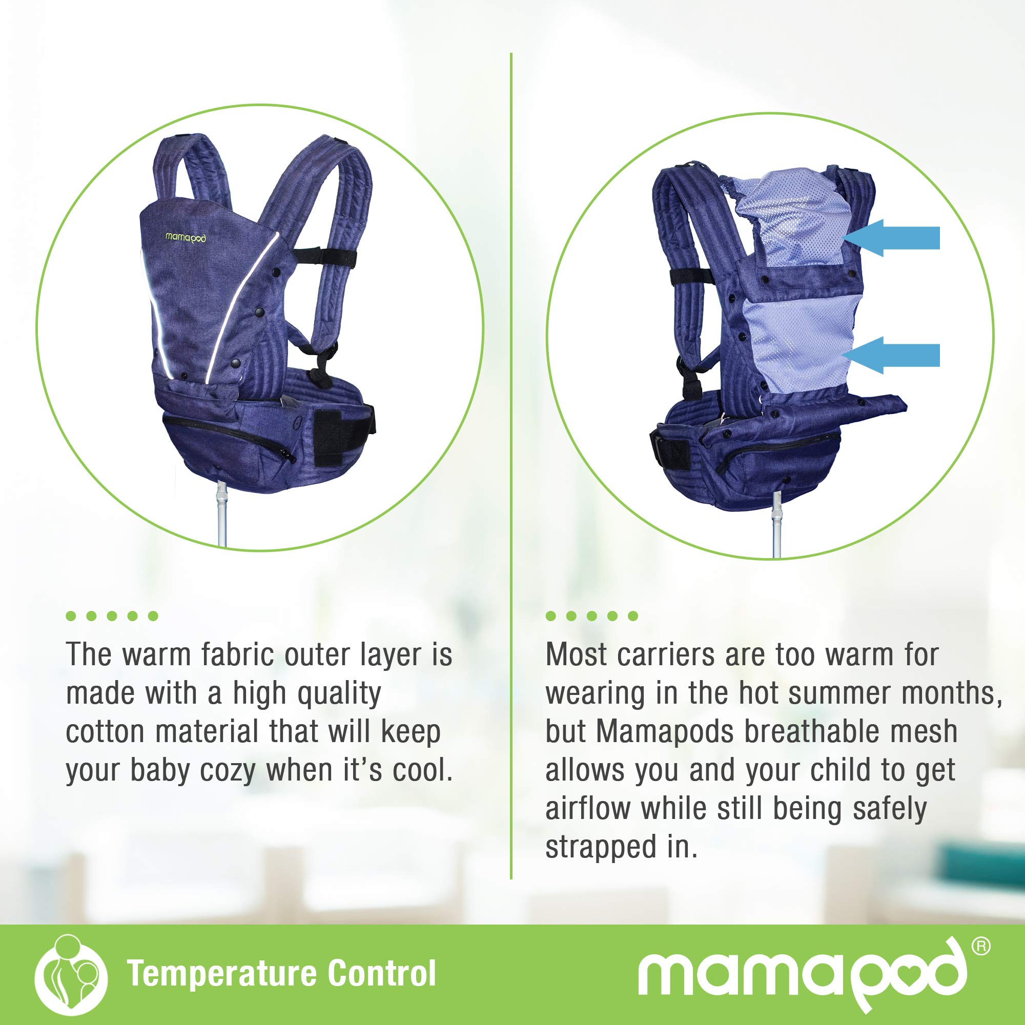 Mamapod All-Position Baby and Toddler Carrier with Hip Seat and Support Pole, Blue