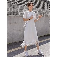 Dresses for Women - Zip Back Fringe Hem Tweed Dress (Color : White, Size : Small)