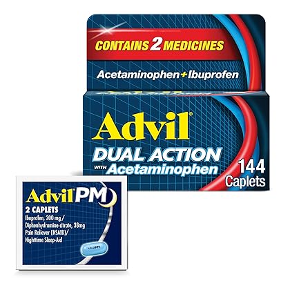 Advil Dual Action With Acetaminophen And Ibuprofen (2 Dose Equivalent) For 8 Hour Pain Relief, Coated 144 Ct Caplets And 2 Ct. Sample Of Advil PM