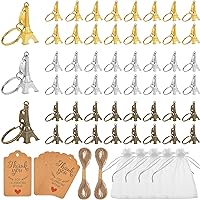 60 Sets Paris Party Favors, with Eiffel Tower Keychain White Organza Bags Thank You Kraft Tags French Souvenirs Retro Adornment for Paris Theme Party Bridal Wedding Baby Shower (Bronze, Gold, Silver)