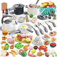 130Pcs Kitchen Playset, Toddler Pretend Cooking Play Pots, Pans, Utensils Cookware, Daily Food Fruit Veges, Shopping Storage Basket, Dessert, Prop Money, Learning Gift for Child （White）
