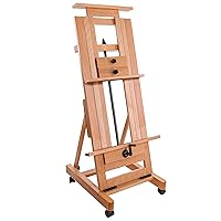 U.S. Art Supply Double Rocker Crank Heavy Duty Extra Large Wooden Studio Floor Easel - Sturdy Double Mast Adjustable H-Frame - Beech Wood Artist Painting Canvas Holder Stand - Locking Caster Wheels