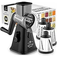 Rotary Cheese Grater with Upgraded, Reinforced Suction - Round Cheese Shredder Grater with 3 Replaceable Stainless Steel Drum Blades - Easy To Use & Clean - Vegetable Slicer & Nut Grinder (Black)