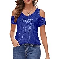 Womens Sparkly Sequin Top V Neck Cold Shoulder Glitter Short Sleeve Dressy Party Blouse Shirts