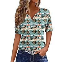 Henley Shirt for Women 3D Print V Neck Short Sleeve Button Tee Tops Casual Summer Holiday Loose Top