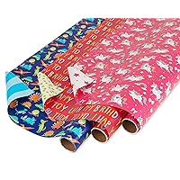 American Greetings Reversible Birthday Wrapping Paper for Kids, Dinosaurs and Unicorns (3 Rolls, 120 sq. ft)