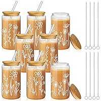 8 Pack Boho Floral Iced Aesthetic Coffee Glass Cup 16 oz Drinking Glass with Bamboo Lid and Straw Cute Tumblers for Women Boho Coffee Mug Clear Beverage Tumbler for Beer Juice Soda (Clear)