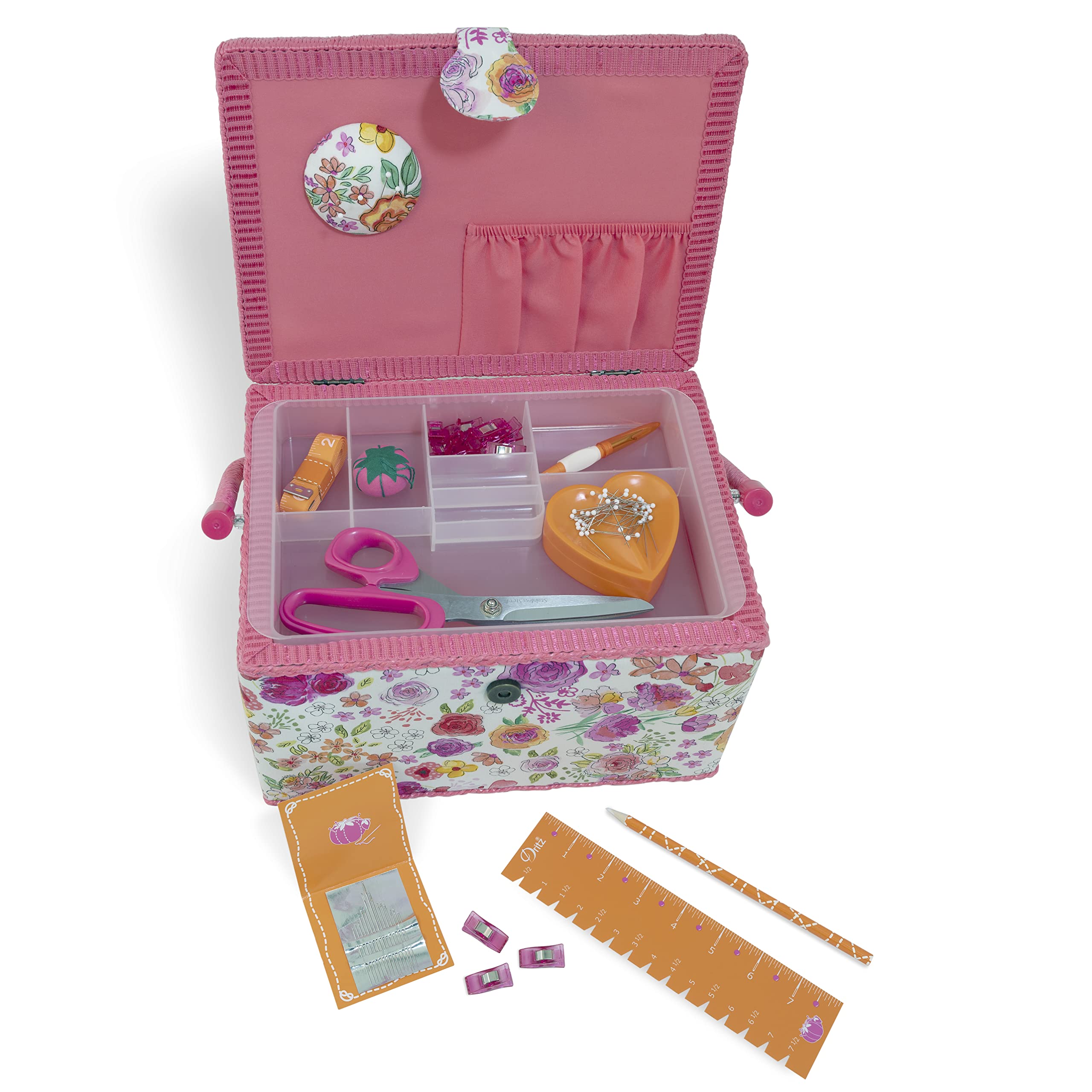 Dritz Large Kit Filled Sewing Basket, Pink & Orange