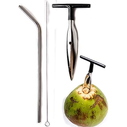 Ken's CocoMon Coconut Opener Tool + Stainless Straw for Fresh GREEN Young Fruit Black Rubber Handle EZ Easy Grip SAFE with Stainless Steel Drinking Straws (1 CocoMon + 1 Straw)