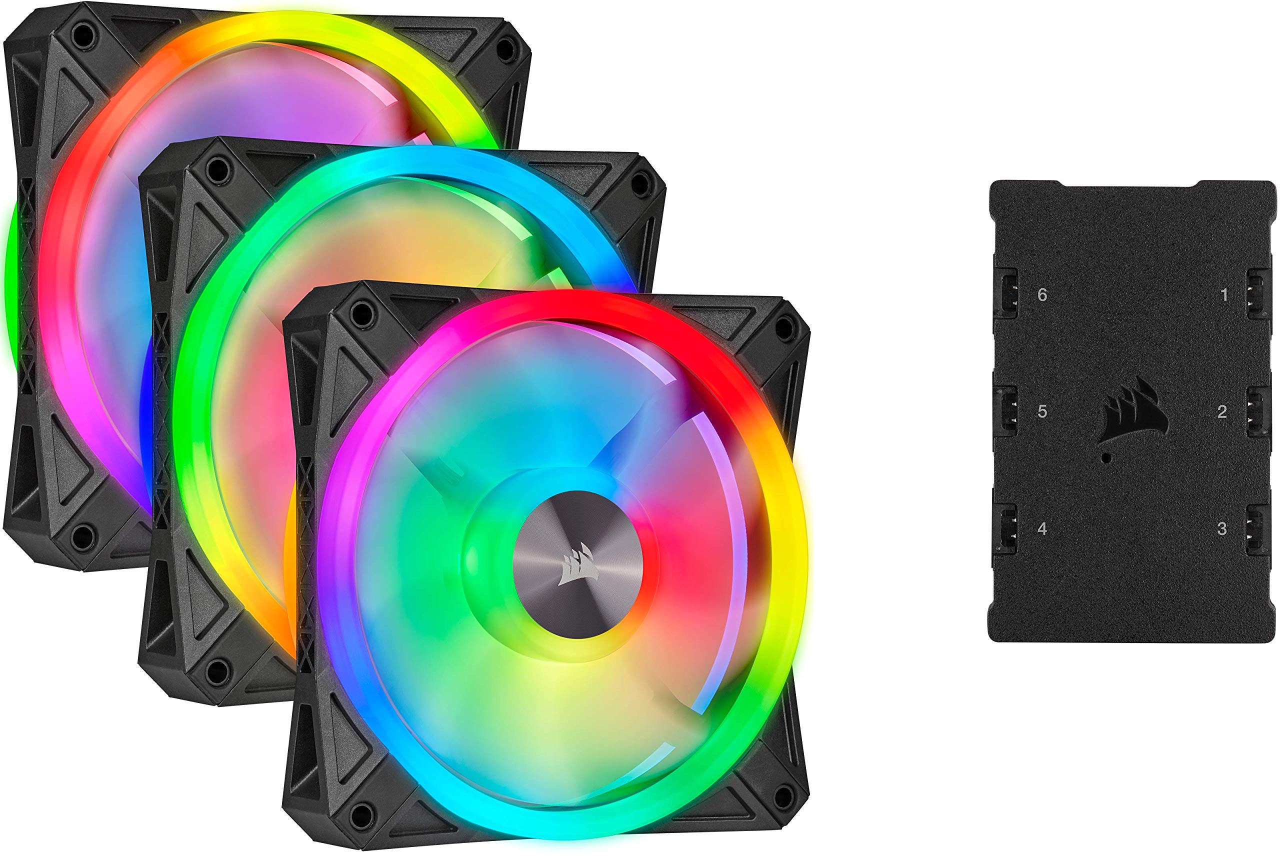 Corsair iCUE QL120 RGB, 120-mm-RGB-LED-PWM-Lüfter (für Desktop, 68 Einzeln Ansteuerbare RGB-LEDs, Schwindigkeiten Bis zu 1,500 U/Min, Geräuscharm) 3er-Pack mit Lighting Node Core - schwarz