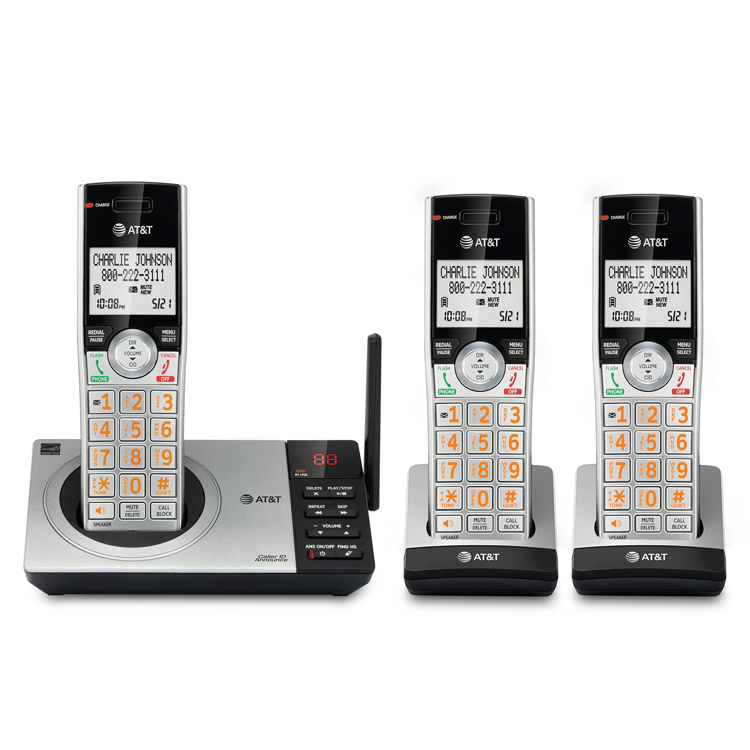 AT&T DECT 6.0 Expandable Cordless Phone with Answering System, Silver/Black with 3 Handsets