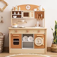 ROBOTIME Wooden Play Kitchen Set, Pretend Play Kitchen Wooden Toy Set for Kids w/Realistic Design, Kids & Toddlers Kitchen Playset with Dishwasher, Toy Kitchen Set for Boys and Girls Ages 3+ (Brown)