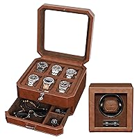 Gift Set 6 Slot Leather Watch Box with Valet Drawer & Matching Single Watch Winder - Luxury Watch Case Display Organizer, Locking Mens Jewelry Watches Holder, Men's Storage Boxes Glass Top Tan/Brown