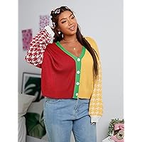 Plus Size Cardigan for Women Plus Color Block Houndstooth Pattern Drop Shoulder Cardigan Cardigan for Women (Color : Multicolor, Size : XX-Large)