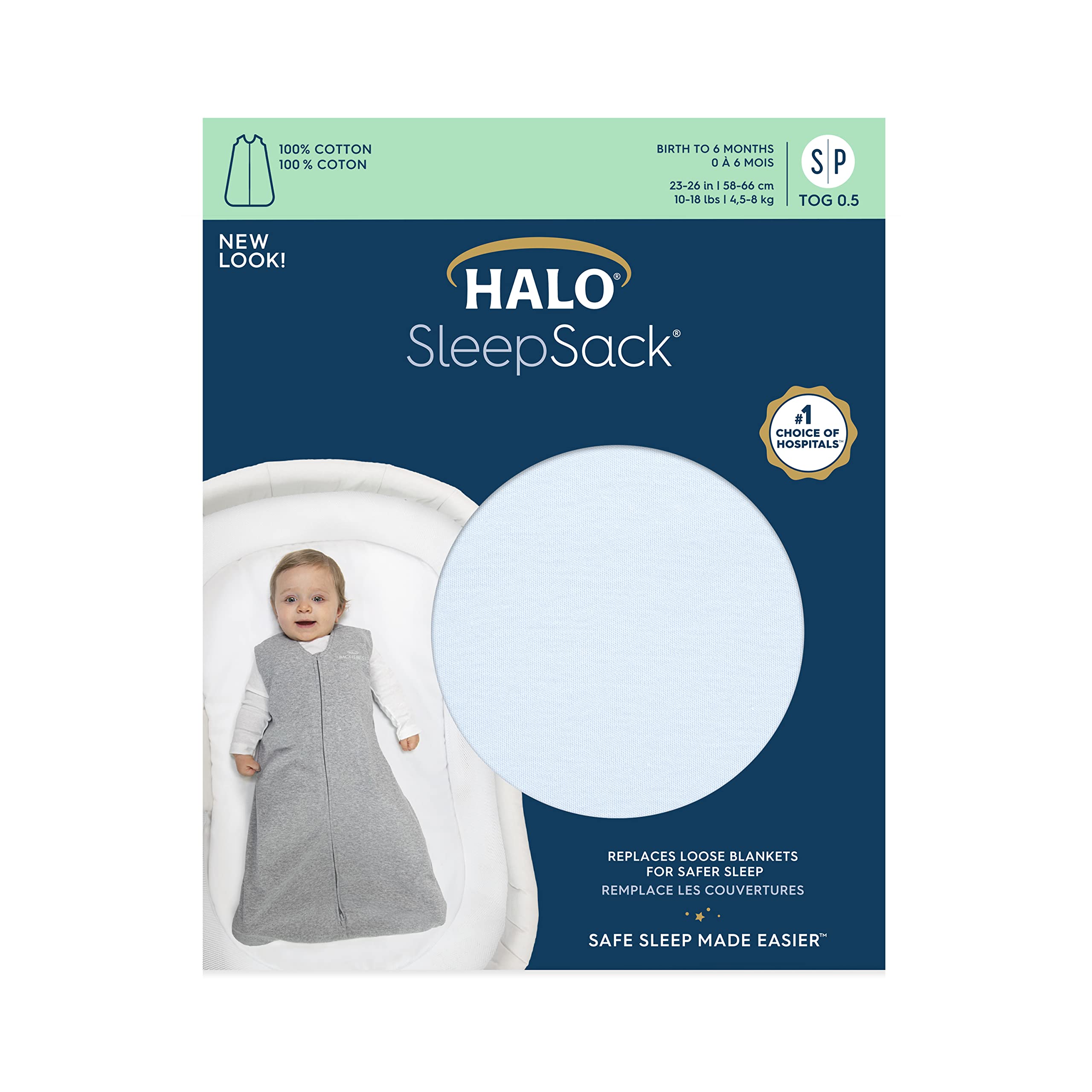 HALO Sleepsack, 100% Cotton Wearable Blanket, Swaddle Transition Sleeping Bag, TOG 0.5, Baby Blue, X-Large