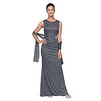 S.L. Fashions Women's Long Glitter Mesh Sleeveless Dress With Embellished Waist and Shawl