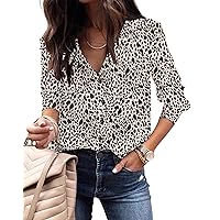 ECOWISH Womens Casual Tops V Neck Leopard Tunic Long Sleeve Button Down Shirts Top