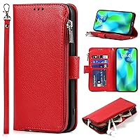 XYX Wallet Case for Samsung Galaxy S22+ Plus 5G SM-S906, Solid Color Microfiber PU Leather Flip Zipper Purse Phone Case with Wrist Strap Kickstand, Red