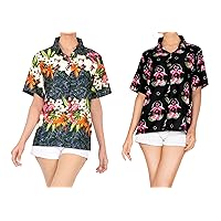 HAPPY BAY Women's Camp Tie-Front Shirt Hawaiian Tops Relaxed Outwear Hawaiian Shirt Tops L Multicoloured_Black