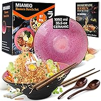 MIAMIO - 35.5 Oz Ceramic Ramen Bowl Set of 2 Large for Japanese Noodle Soup + Wooden Chopsticks & Spoons + Recipe Book (Red)