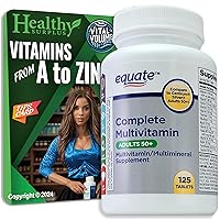Equate Complete Multivitamin Adults 50+ Supplement 125 Tablets and Vital Volumes Vitamins A to Zinc Tips Card | Bundle