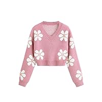 SHENHE Girl's Floral Print V Neck Long Sleeve Knitted Cropped Sweater Jumper Tops
