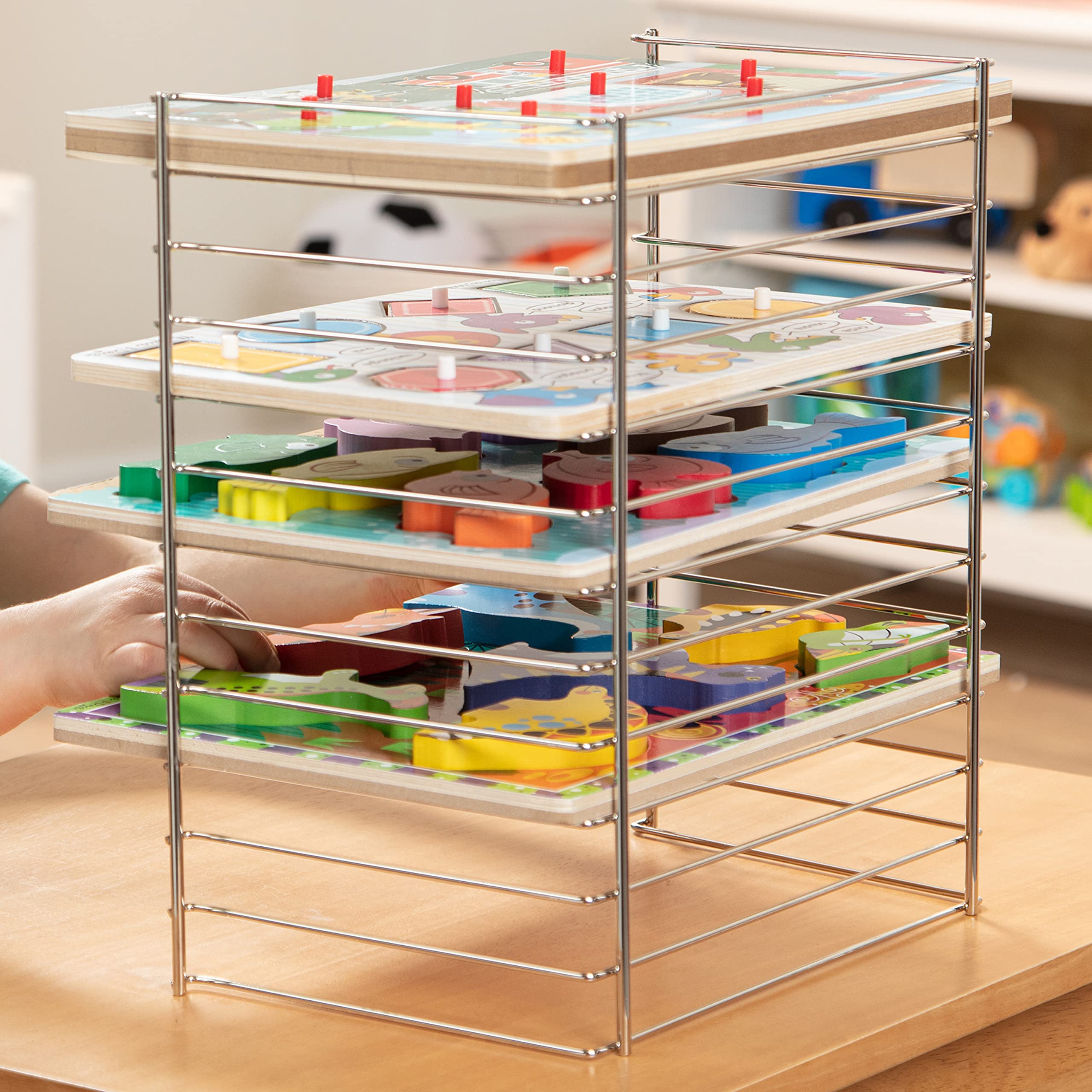 Melissa & Doug Multi-Fit Metal Wire Puzzle Rack 12 Inches Wide And 0.75 Inches Deep - Puzzle Holder Rack Storage Organizer For Kids,Silver