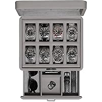 ROTHWELL Luxury Watch Box for 8 Watches - PU Leather Watch Box with Real Glass Lid - Extendable Accessory Drawer with Multiple Compartments (Stone)