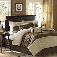 Palmer Comforter Set-Luxury Faux Suede Design, Striped Accent, All Season Down Alternative Bedding, Matching Shams, Decorative Pillow, Bed Skirt, Queen (90 in x 90 in), Natural 7 Piece