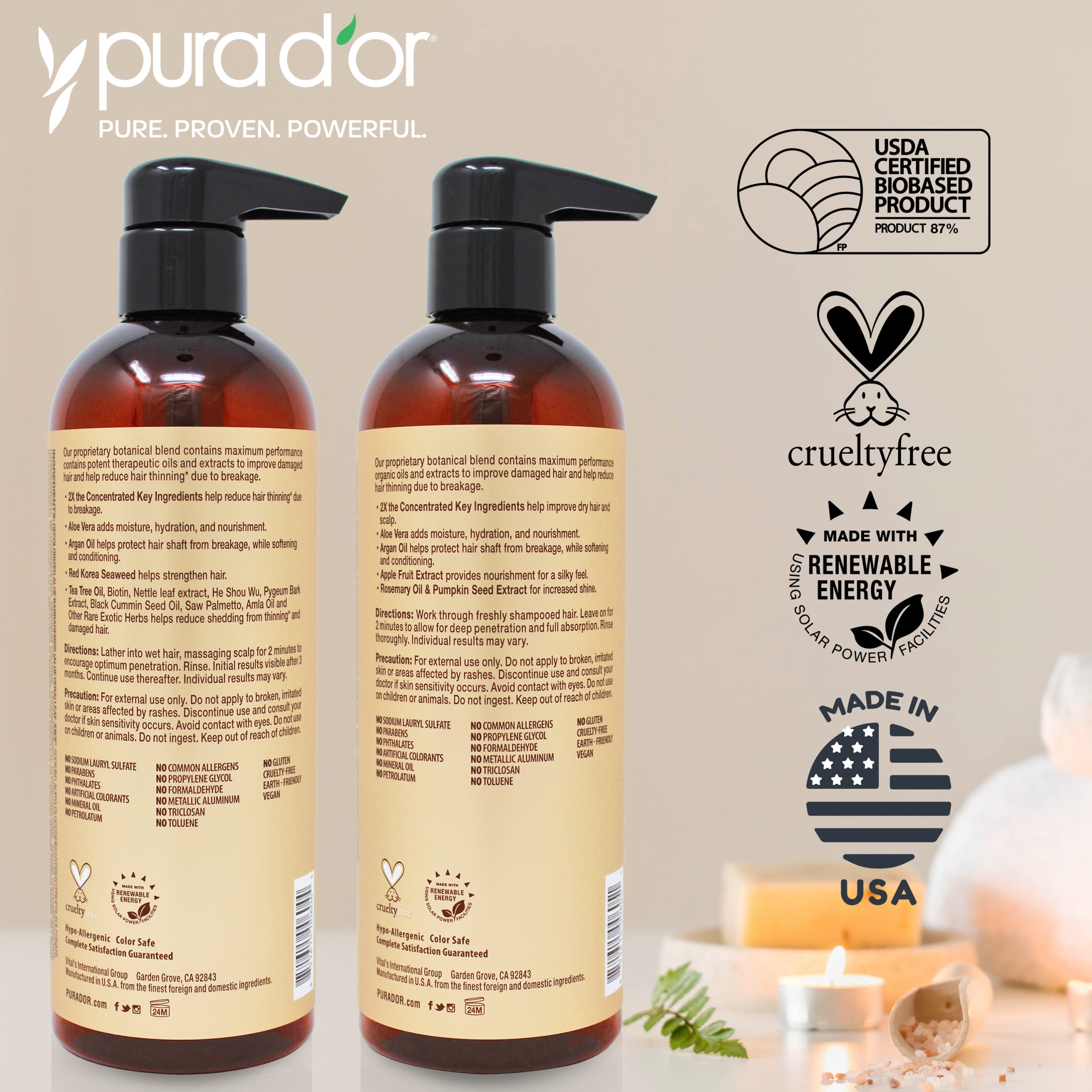PURA D'OR Professional Grade Biotin Anti-Hair Thinning Shampoo & Conditioner, CLINICALLY TESTED Proven Results, 2X Concentrated DHT Blocker Thickening Products For Women & Men, Sulfate Free, 16oz x 2