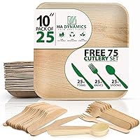 Palm Leaf Plates 10 inch, Pack of 25 Bamboo Plates Disposable and 75 pcs cutlery set, Compostable Plates with Spoon Set | Sturdy, Biodegradable Square Wood Plates for Birthday Party, Wedding