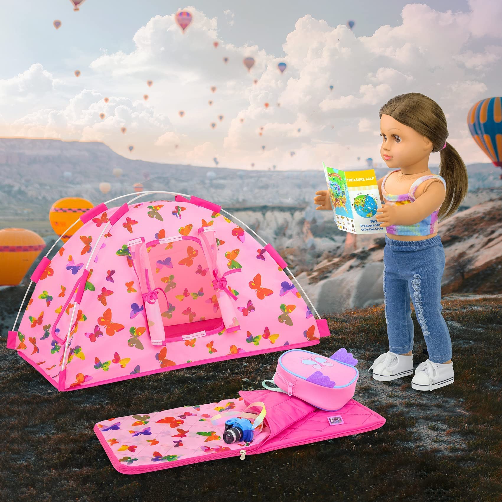 UNICORN ELEMENT 7 Items Doll Camping Tent Set for18 Inch Girl Doll Accessories - Including 18 Inch Doll Clothes, Tent, Sleeping Bag, Backpack, Camera, Phone and Map
