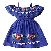 IMEKIS Toddler Girl Mexican Dress Off Shoulder Traditional Floral Embroidery Ethnic Wear Fiesta Dress Birthday Outfit