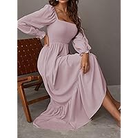 Women's Dress Dresses for Women Square Neck Shirred Ruffle Hem Dress (Color : Dusty Pink, Size : X-Small)