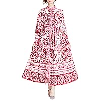 LAI MENG FIVE CATS Women's Casual Floral Print Long Sleeve Flowy Maxi Dress with Belt