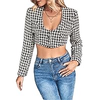 Women for Jackets - Jackets Houndstooth Print Backless Crop Jacket (Color : Black and White, Size : Small)