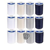 Coats & Clark Dual Duty All Purpose Thread 230A - 400 Yards Each Spool - 12 Pack Bundle with Bella's Crafts Needle Threaders (White Natural Nugrey Black)