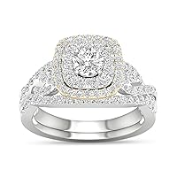 14K Two-Tone Gold 1CT TDW Diamond Double Cushion Frame Bridal Set with IGI Certification (I-J, I2)