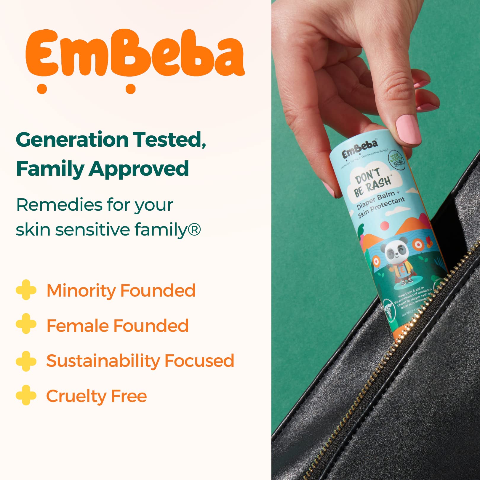 EmBeba Natural Diaper Rash Cream for Baby with Sensitive Skin | Travel Friendly Baby Rash Ointment with Built-in Diaper Balm Stick Roll-On Applicator, All Over Herbal Skin Care, 1 Pack