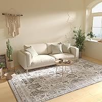Machine Washable Rug 8'x10' Area Rugs with Non-Slip Vintage Rug for Living Room Low Pile Floral Distressed Printed Rug Stain Resistant Carpet for Home Decor Bedroom Dining Room Office,Grey