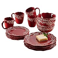 Bianca Mistletoe Holiday Round Dinnerware Set – 16-Piece Ceramic Dinner Party Collection w/ 4 Dinner Plates, 4 Salad Plates, 4 Bowls & 4 Mugs – Unique Gift Idea for Any Special Occasion, Red