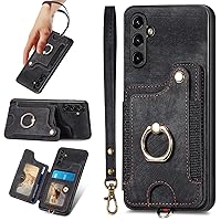 A34 5G Case,Card Holder Wallet for Samsung Galaxy A34 5G Case,Ring Holder Stand,RFID-Blocking,Wrist Strap,Camera Protector,Leather Protective Magnetic Flip Cover for Samsung A34 Case 2023 (Black)