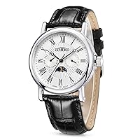 Quartz Watches Men's Wristwatch Moon Phase Day Date Calendar Leather Strap 5ATM Waterproof Dress Japanese Analog Quartz Watches for Men Black