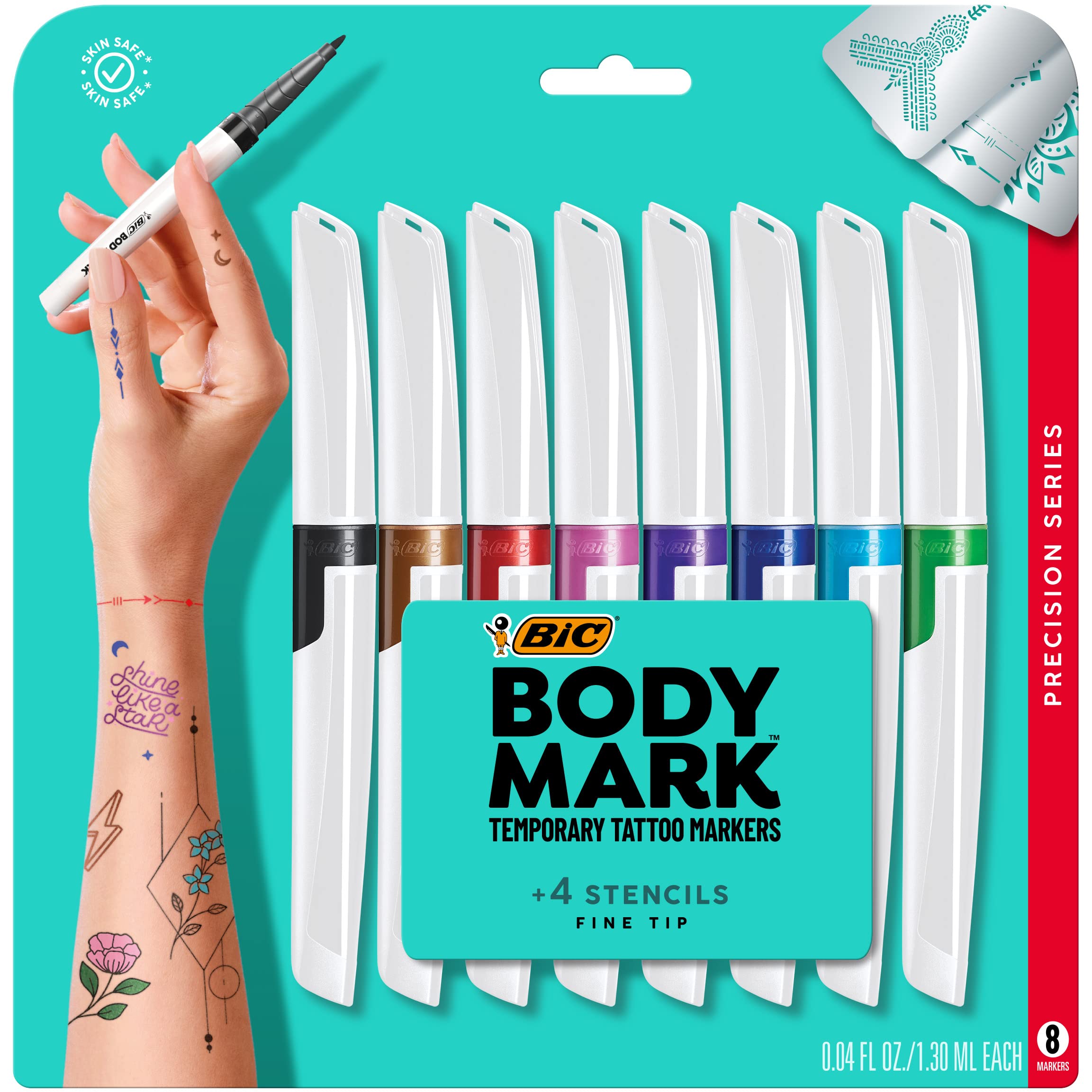 BIC BodyMark Temporary Tattoo Markers for Skin, Precision Series, Fine Tip, 8-Count Pack of Assorted Colors, Skin-Safe*, Cosmetic Quality (MTBFP81-AST)