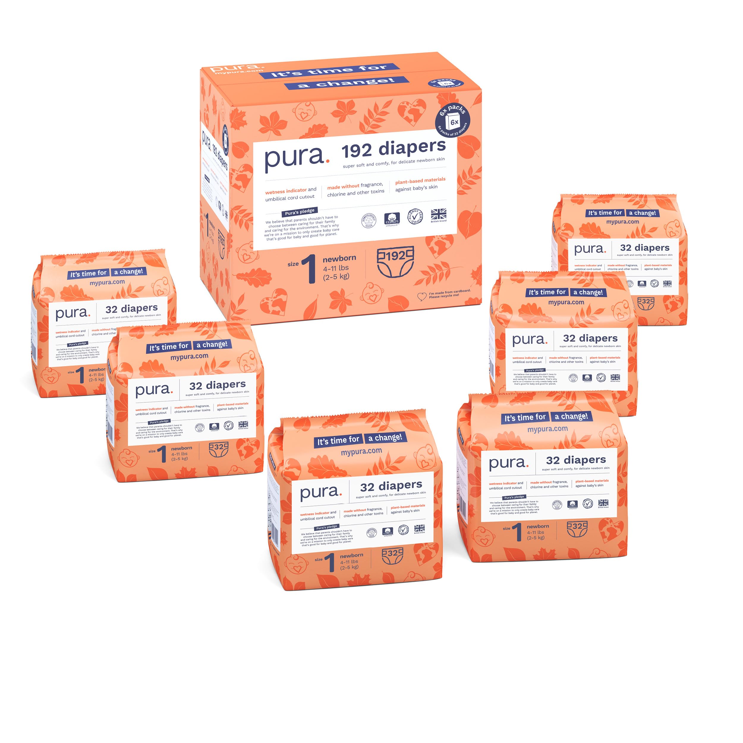 Pura Size 1 Eco-Friendly Diapers (4-11lbs) Hypoallergenic, Soft Organic Cotton Comfort, Sustainable, Wetness Indicator, Allergy UK, Newborn, Bulk Buy 6 Packs of 32 (192 Baby Diapers)