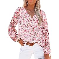 Women's V-Neck Broken Flowers Chiffon Blouse Casual Loose Lantern Sleeve Tops Fashion Colorful Chiffon Long Sleeve Shirt
