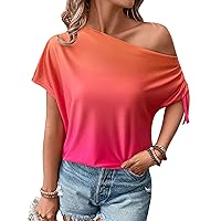 OYOANGLE Women's Ombre Asymmetrical Neck Short Sleeve Drawstring Side Ruched Tee Shirt Summer Tops