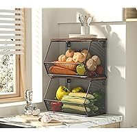 Hanging Fruit Basket Wire Baskets with Wood Lid, 2 Pack Stackable Kitchen Counter Organizer Countertop Onion and Potato Storage, Wall Mounted Produce Basket for Snack, Fruit and Vegetable Storage